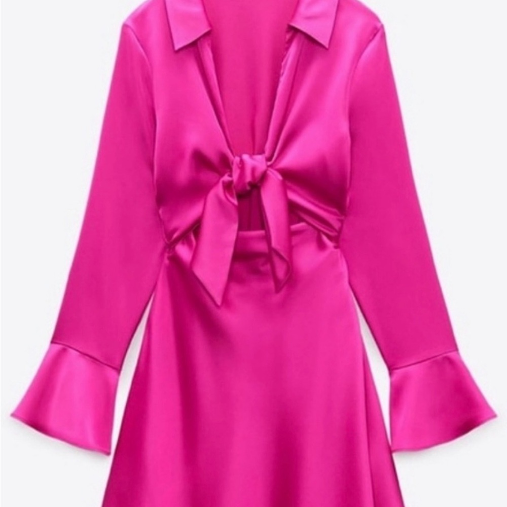 Zara Vibrant Pink Satin Dress with Flared Sleeves